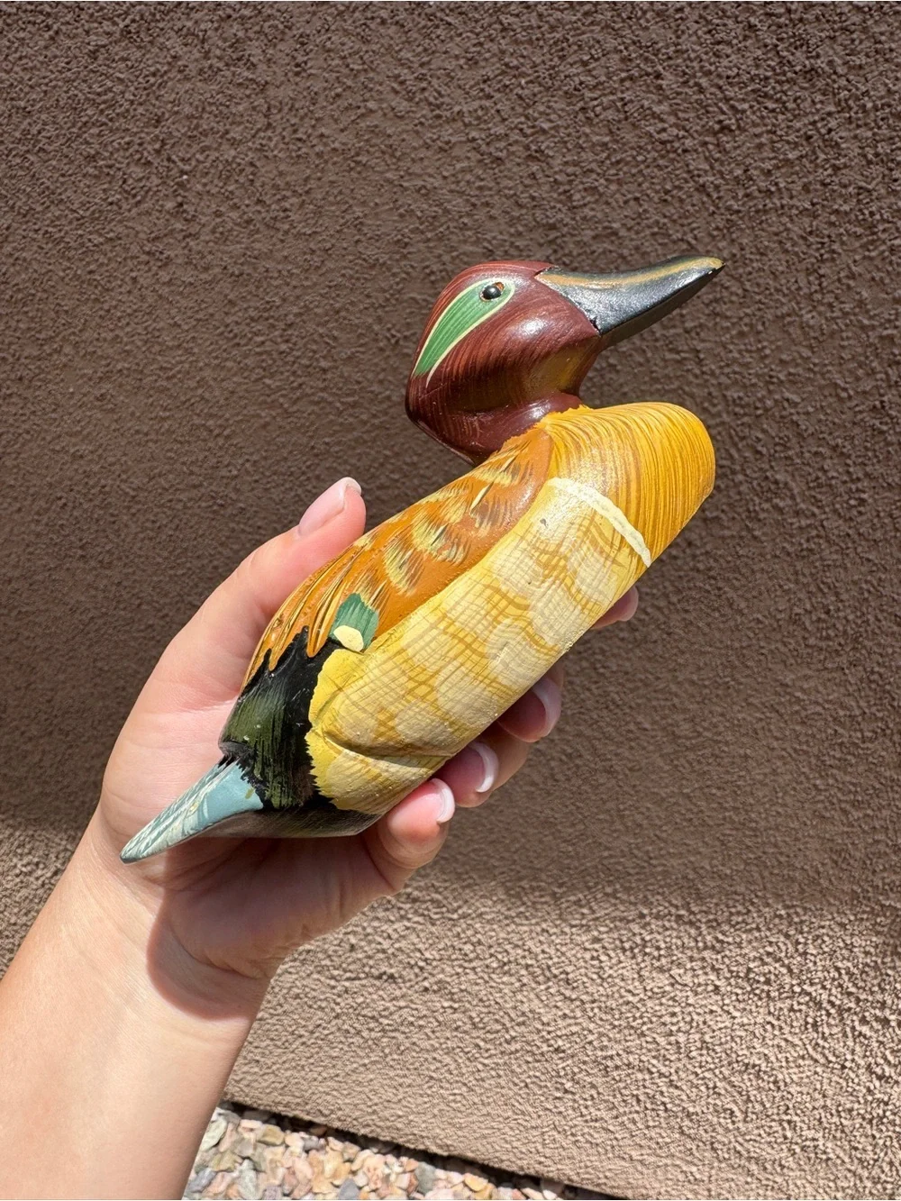 Hand-Painted Wooden Duck Figurine - Brown & Green